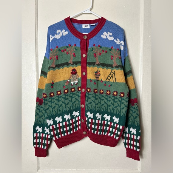 Vintage Sweaters - Vintage Lucia apple orchard farm intarsia knit cardigan womens XL novelty